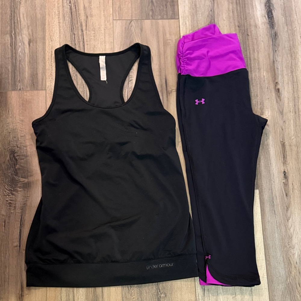 Under Armour Black Tank with Black Purple Fold-Over Waist Leggings Capri medium